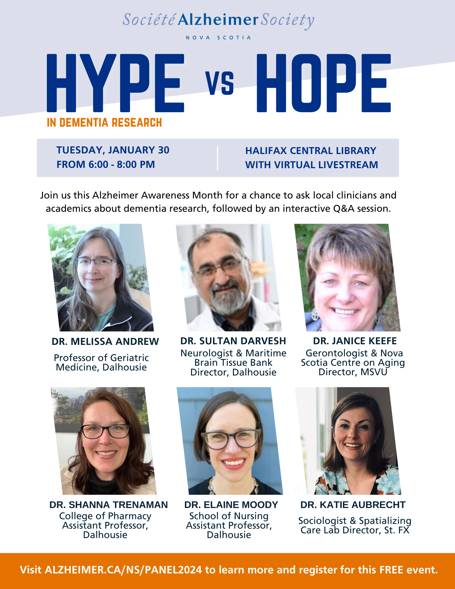 Poster reads, "HYPE VS HOPE in dementia research" in bold blue and orange letters. 6 photos of the even speakers are displayed.