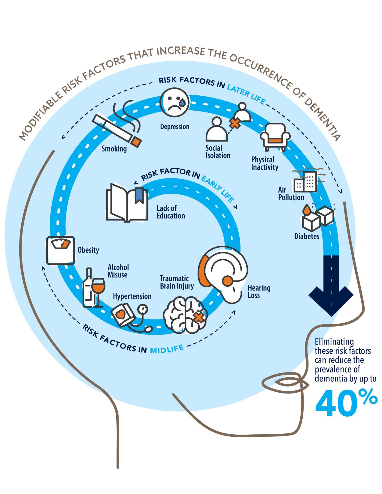 Diagram listing the top twelve modifiable risk factors for dementia