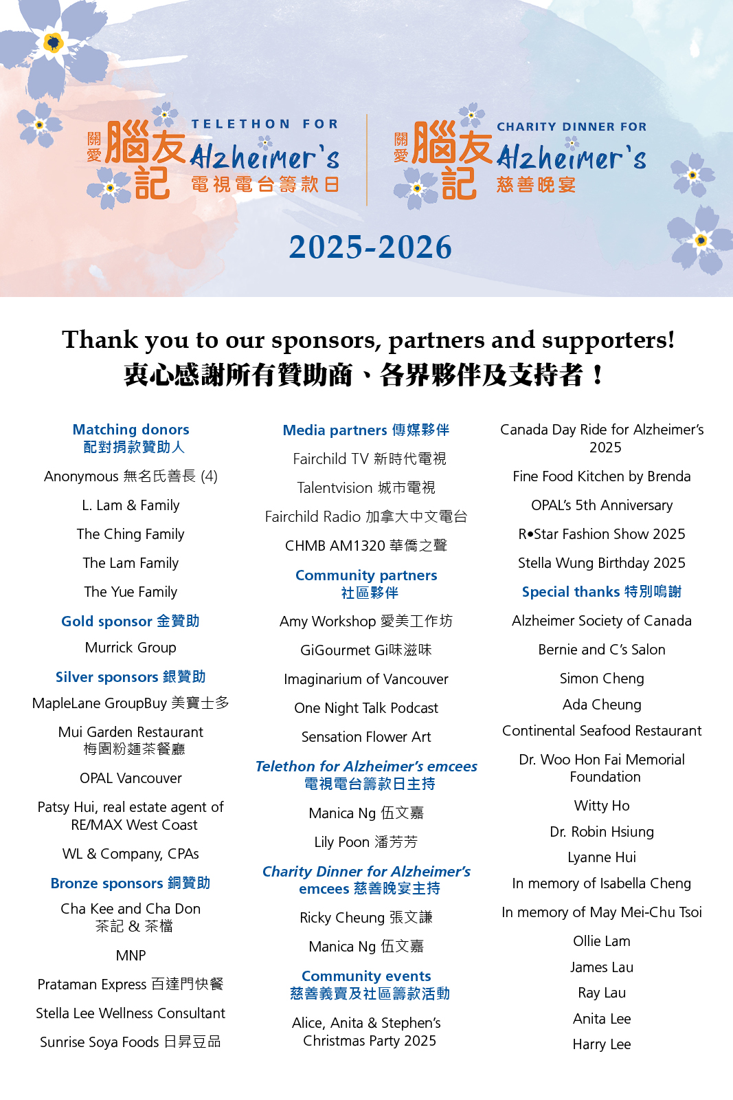 2026 Charity Dinner for Alzheimer's thank you list page 1