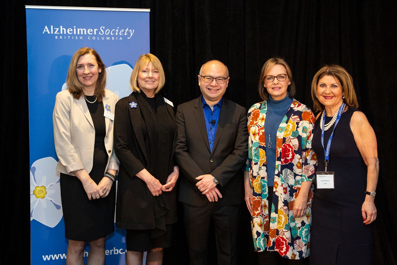 (Above, from left) Alzheimer Society of B.C. CEO Maria Howard; Cathryn France, director of the Society’s Resource Development department; keynote speaker Dr. Roger Wong, world-leading geriatrician; Dawna Friesen, Global National anchor and emcee of the event; and guest speaker Caren McSherry, founder and CEO of The Gourmet Warehouse pose at Breakfast to Remember on March 7 at the Fairmont Waterfront in Vancouver.
