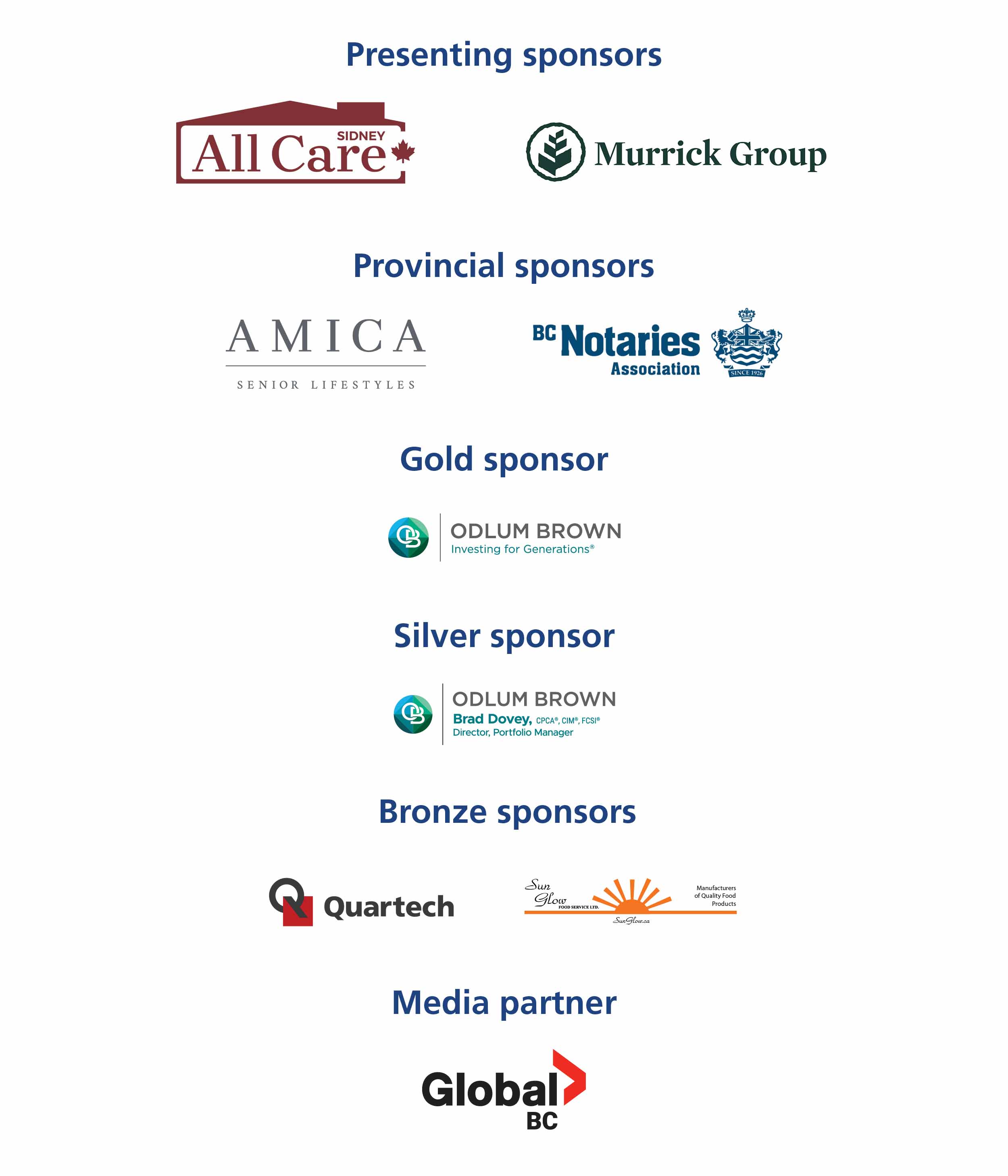 Presenting sponsors: Sidney All Care Residence, Murrick Group  Provincial sponsors: Amica Senior, BC Notaries Gold sponsor: Odlum Brown Limited  Silver sponsor: Odlum Brown Limited Brad Dovey   Bronze sponsors: Quartech, Sun Glow Food Service Ltd.  Media Partner: Global BC