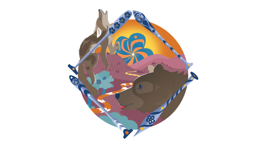 Circular image, with four paddles surrounding a landscape showcasing a sun, wolf and bear.