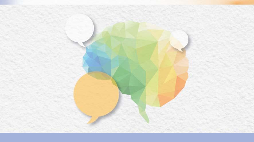 An illustration of a brain coloured like a rainbow, with thought bubbles super-imposed over it.