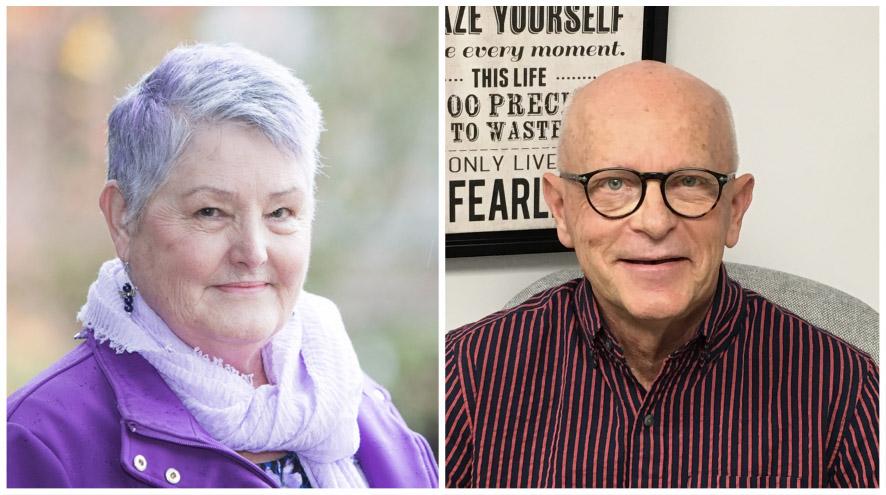 Collage of a woman and a man, posing for seprate headshots. Both pose for their photos and smile at the camera.