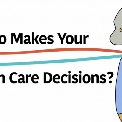 Animated still from the video of an elderly woman with the text, 'Who makes your health care decisions?'