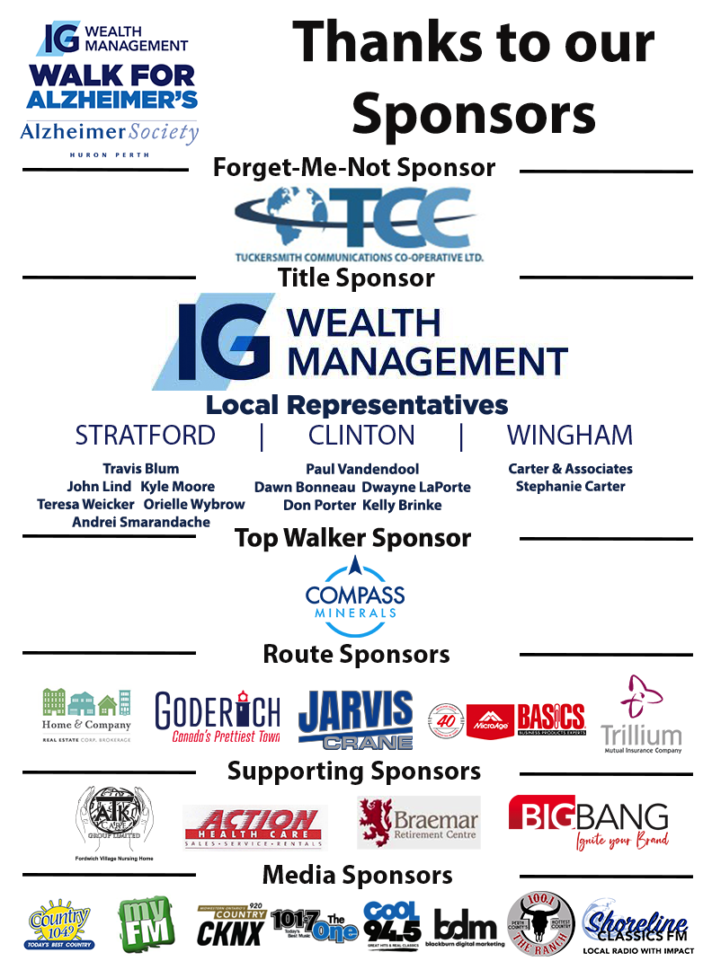 Huron Perth IG Wealth Management Walk for Alzheimer's Sponsors Listing and Logos