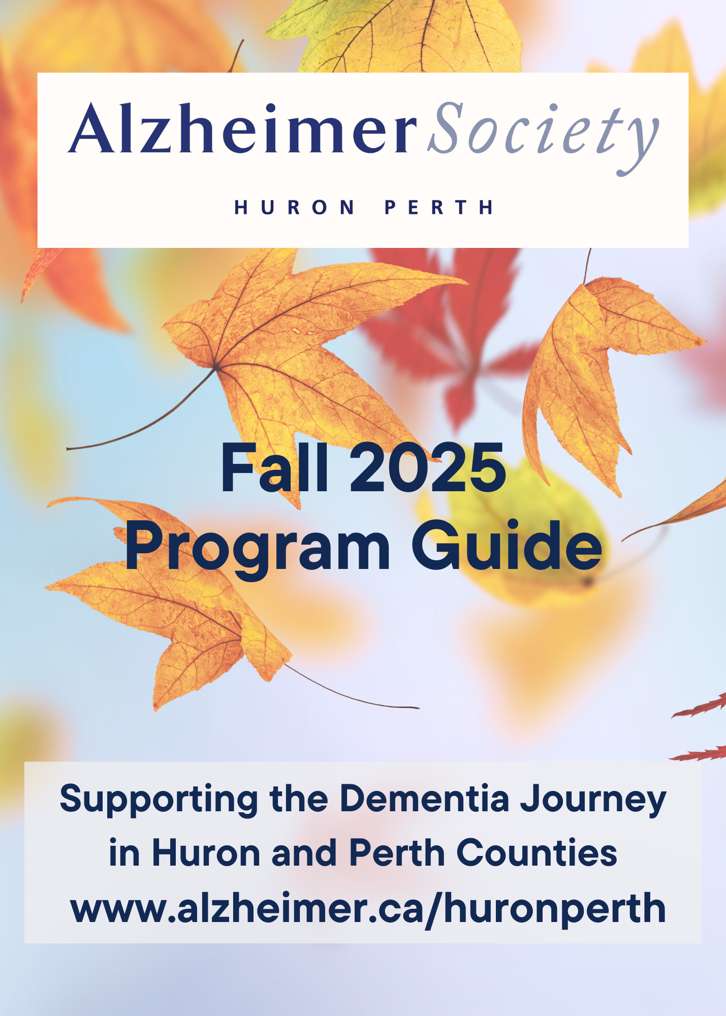 Fall 2025 Program Guide cover wording over image of falling leaves