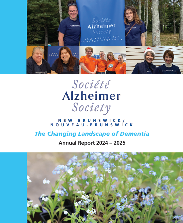Cover of 2024 annual report, features photo of forget-me-not flowers and a collage of ASNB staff and volunteers