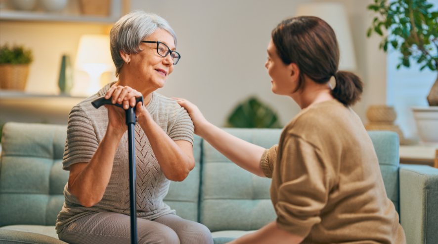 supporting a senior holding a cane