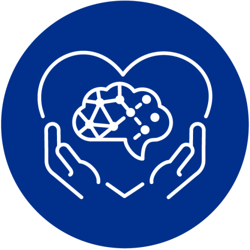 Hands holding a heart; inside the heart there is a brain.