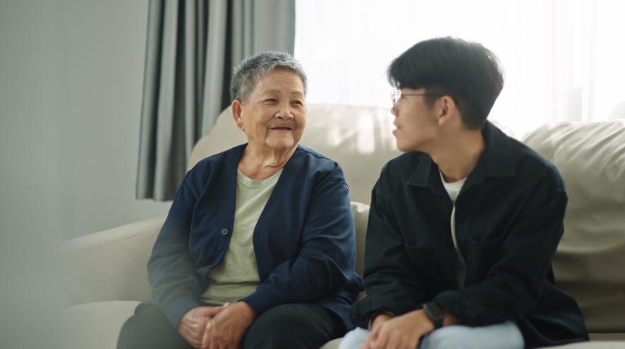 Grandmother and grandson having a conversation 