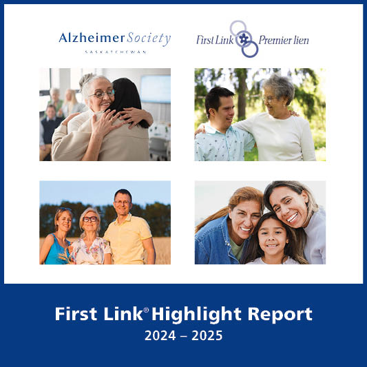 Four photos showing a variety of families smiling and living well with the text, "First Link Highlight Report 2024-2025".