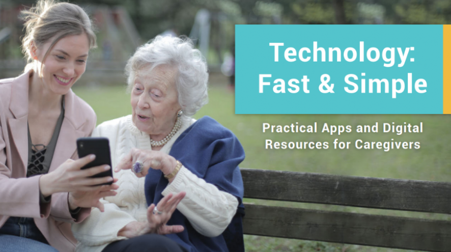 Adult white woman showing her black cellphone to a senior white woman sitting on a park bench